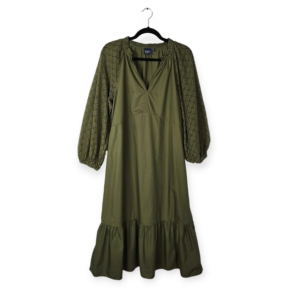 Gap Lace Sleeve Army Jacket Green Ruffle Cotton Midi Dress - Picture 6 of 15